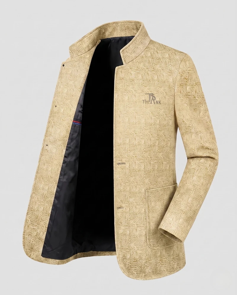 Herren Stehkragen Blazer aus strukturiertem Wollmix mit leichter thermischer Fütterung