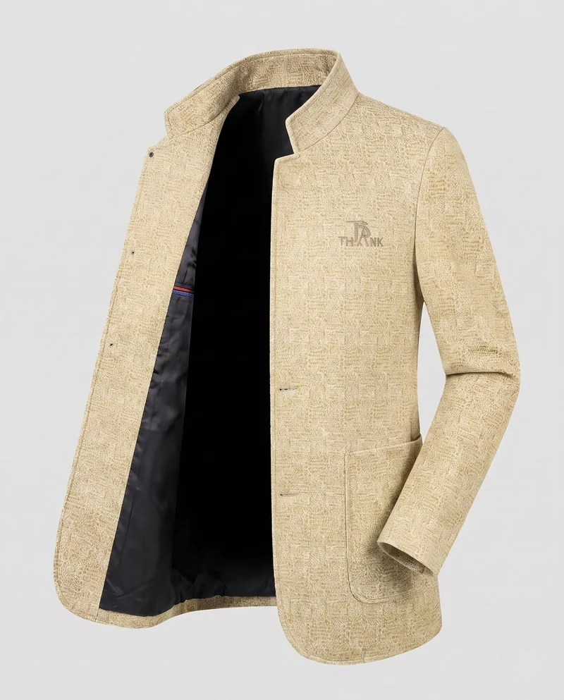 Herren Stehkragen Blazer aus strukturiertem Wollmix mit leichter thermischer Fütterung