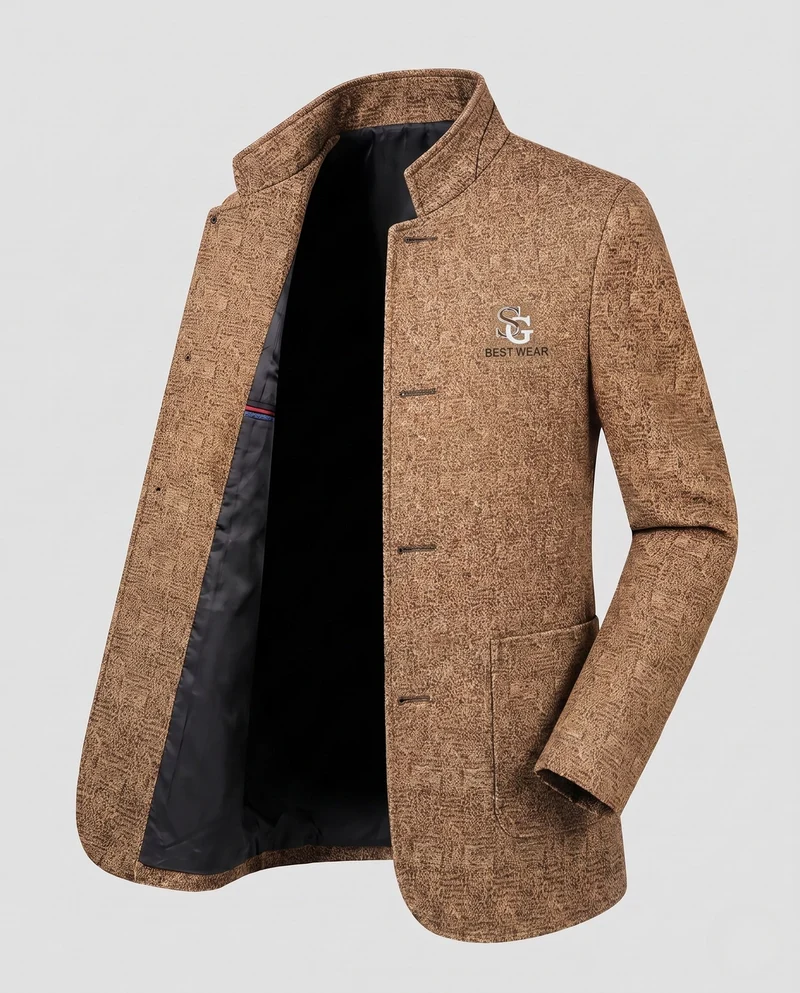 Herren Stehkragen Blazer aus strukturiertem Wollmix mit leichter thermischer Fütterung
