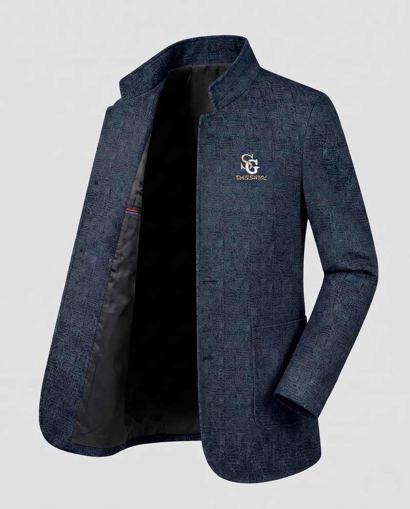 Herren Stehkragen Blazer aus strukturiertem Wollmix mit leichter thermischer Fütterung