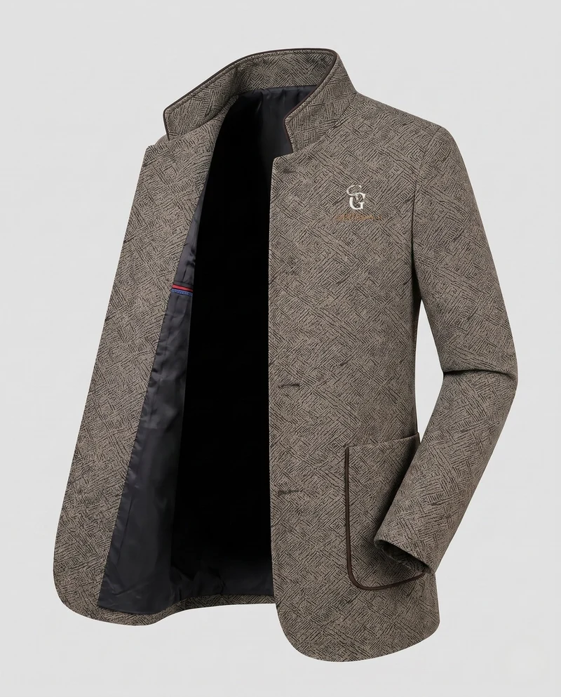 Herren Stehkragen Blazer aus strukturiertem Wollmix mit leichter thermischer Fütterung