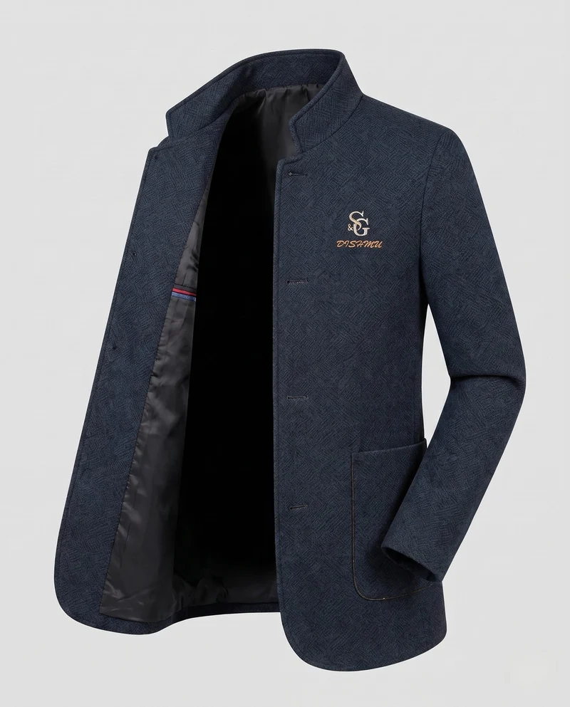 Herren Stehkragen Blazer aus strukturiertem Wollmix mit leichter thermischer Fütterung