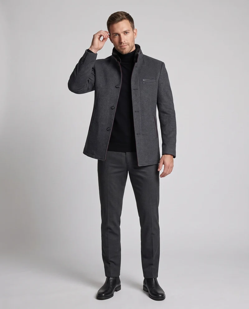 Herren Thermo Wollmischung Mantel mit Teddyfutter und Stehkragen