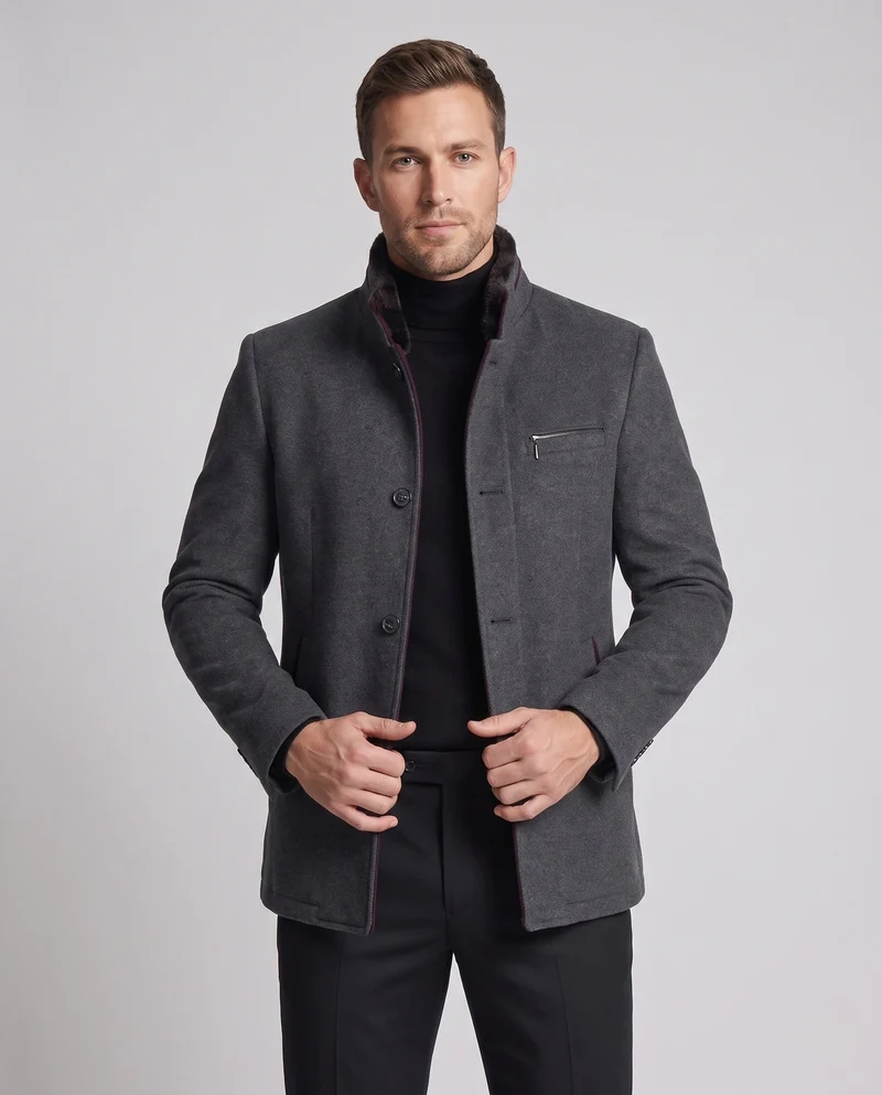 Herren Thermo Wollmischung Mantel mit Teddyfutter und Stehkragen