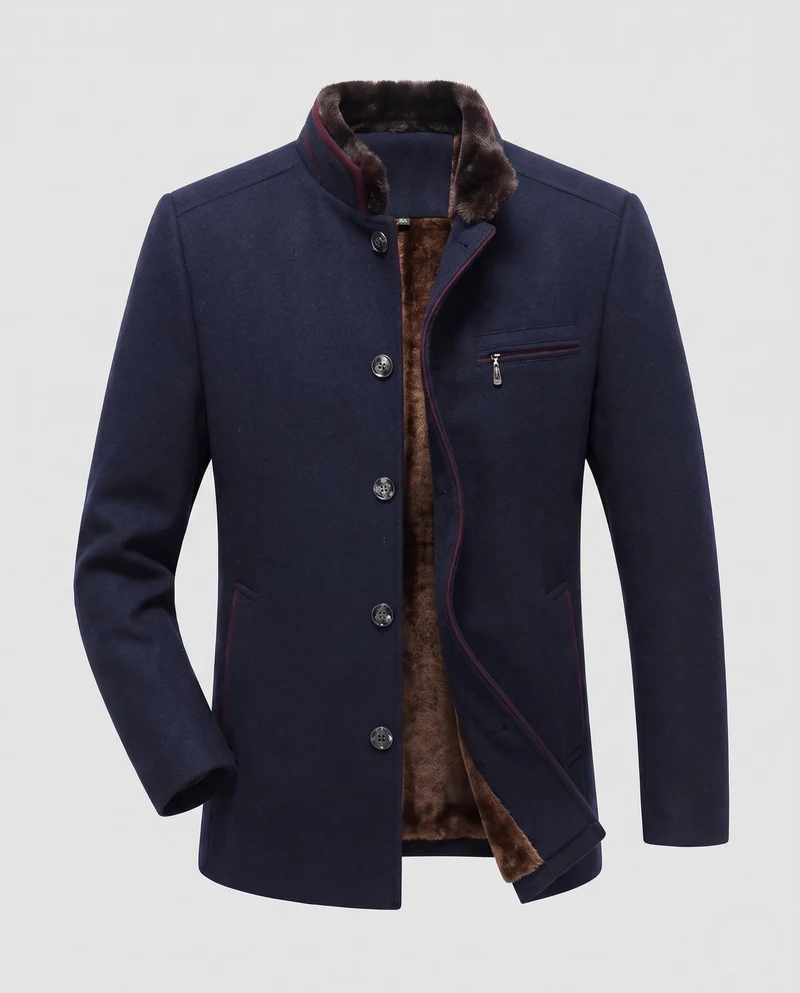 Herren Thermo Wollmischung Mantel mit Teddyfutter und Stehkragen