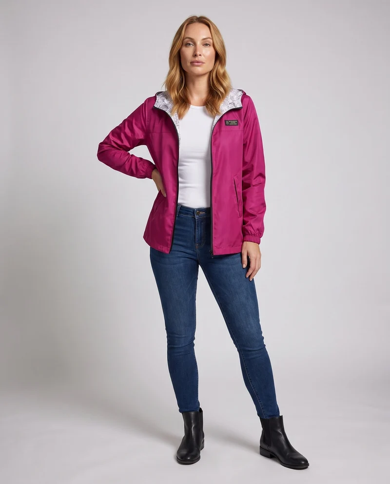 Damen Leichte Kapuze Windjacke mit bedrucktem Futter, Wasserabweisend und verstaubar