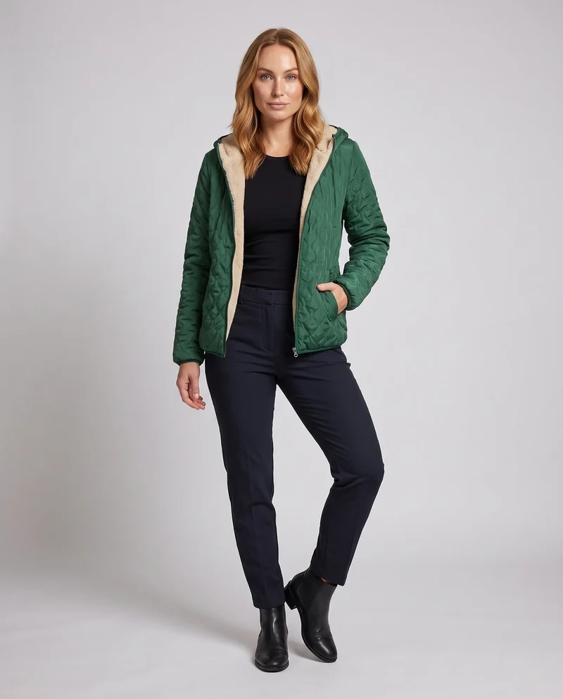 Damen mittellange leicht gepolsterte gesteppte Jacke mit Teddy-Futter und Kapuze
