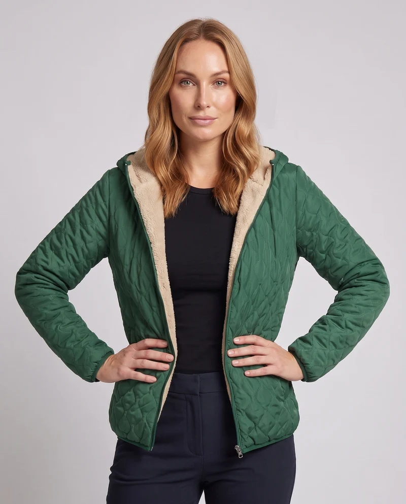 Damen mittellange leicht gepolsterte gesteppte Jacke mit Teddy-Futter und Kapuze