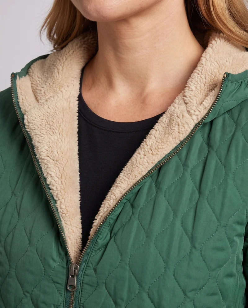 Damen mittellange leicht gepolsterte gesteppte Jacke mit Teddy-Futter und Kapuze