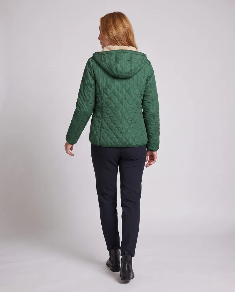 Damen mittellange leicht gepolsterte gesteppte Jacke mit Teddy-Futter und Kapuze