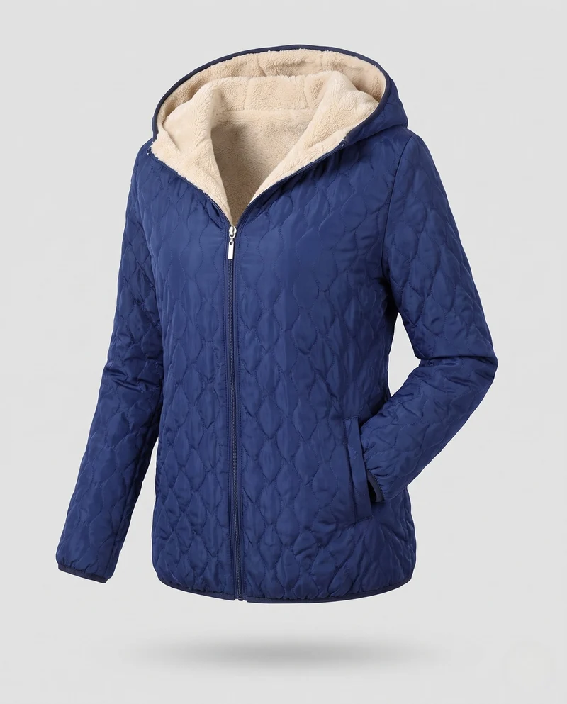Damen mittellange leicht gepolsterte gesteppte Jacke mit Teddy-Futter und Kapuze