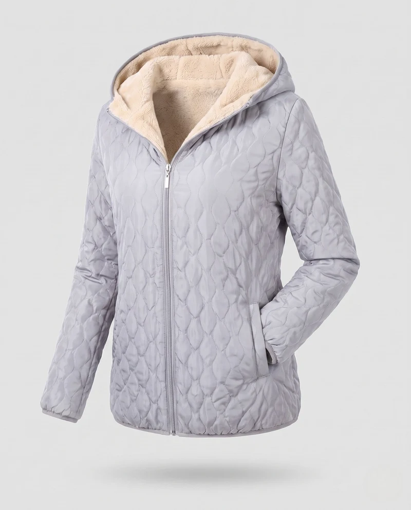 Damen mittellange leicht gepolsterte gesteppte Jacke mit Teddy-Futter und Kapuze