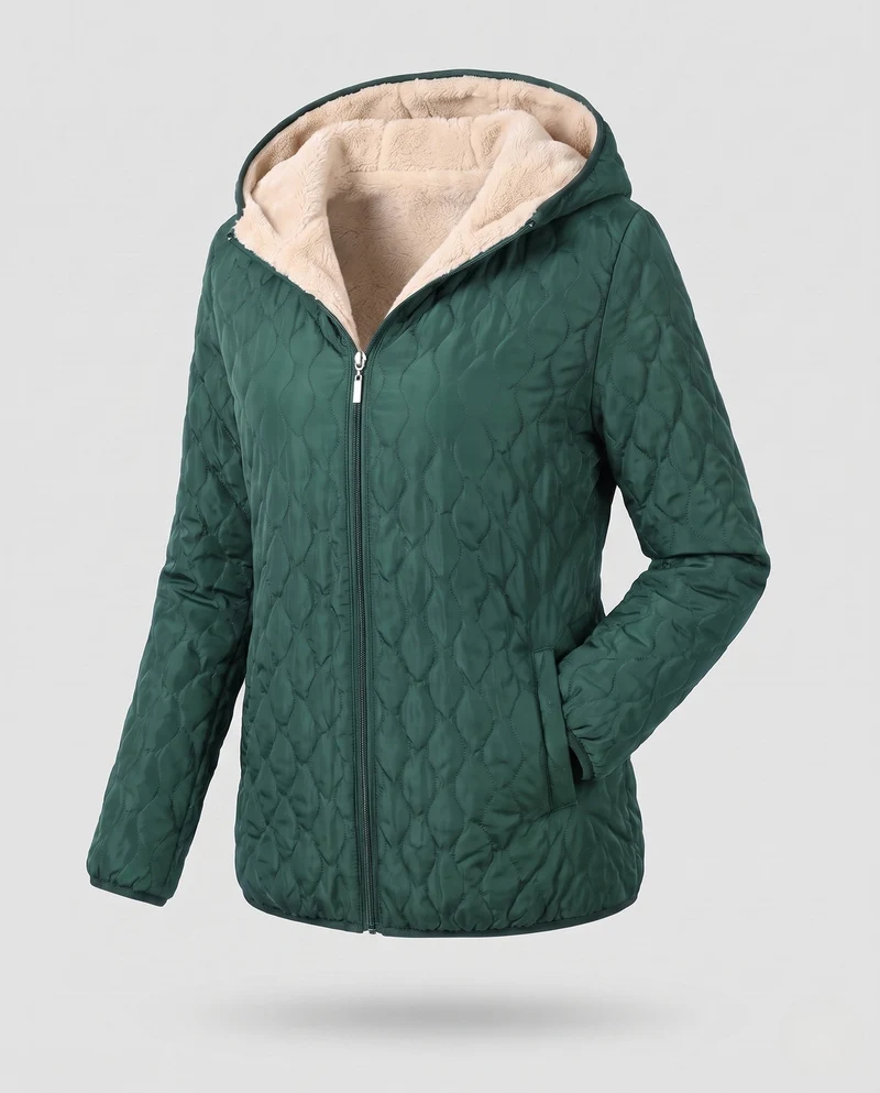 Damen mittellange leicht gepolsterte gesteppte Jacke mit Teddy-Futter und Kapuze