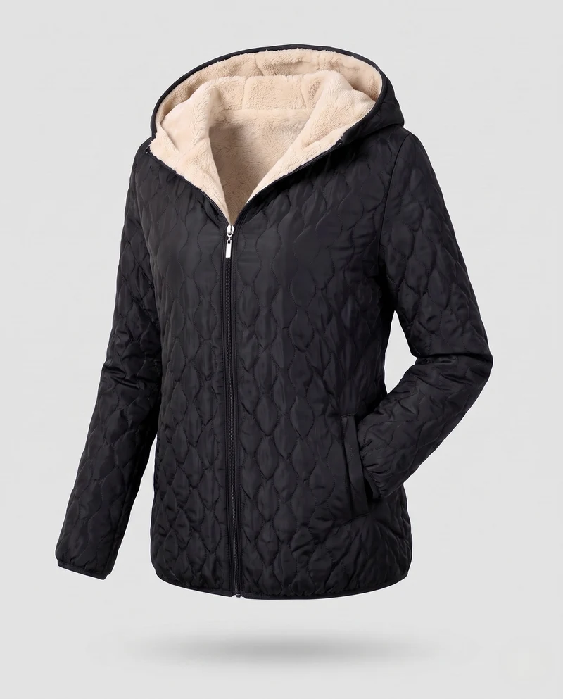 Damen mittellange leicht gepolsterte gesteppte Jacke mit Teddy-Futter und Kapuze