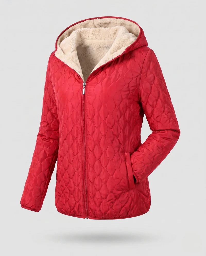 Damen mittellange leicht gepolsterte gesteppte Jacke mit Teddy-Futter und Kapuze