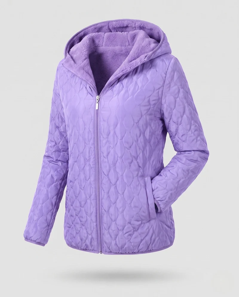Damen mittellange leicht gepolsterte gesteppte Jacke mit Teddy-Futter und Kapuze