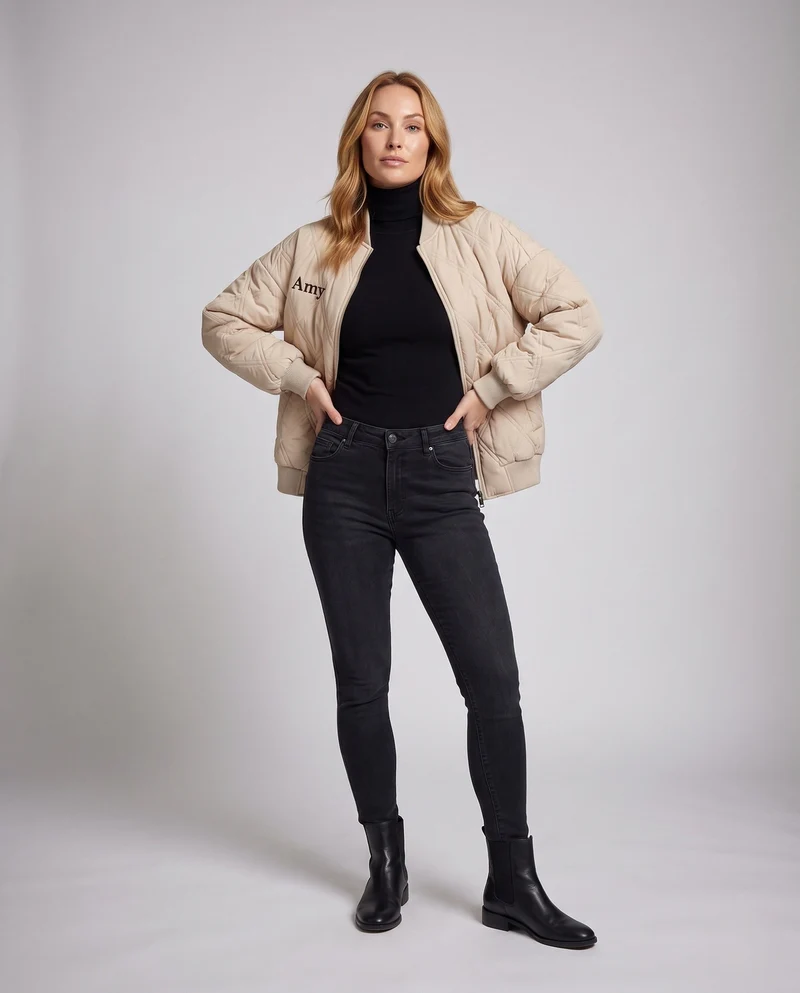 Damen Oversize gesteppte Bomberjacke mit Rückenprint und gepolsterem Innenfutter