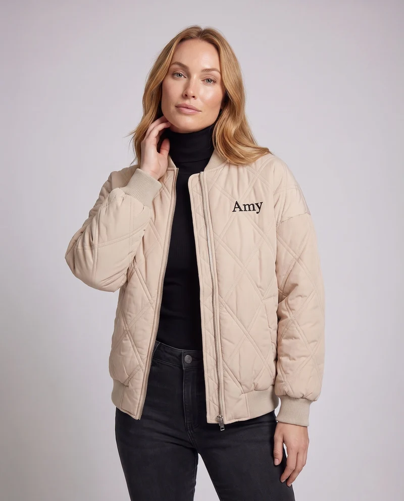 Damen Oversize gesteppte Bomberjacke mit Rückenprint und gepolsterem Innenfutter