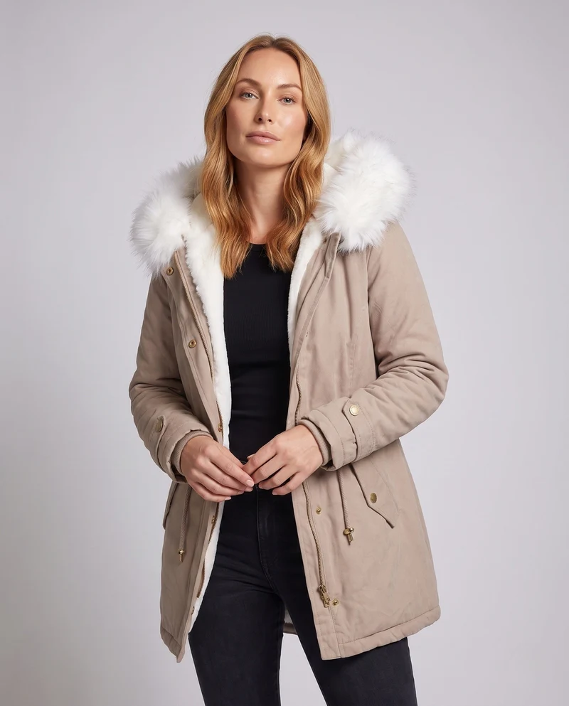 Damen Parka Mantel mit übergroßem Kunstfellkapuze und gepolstertem Teddyfutter