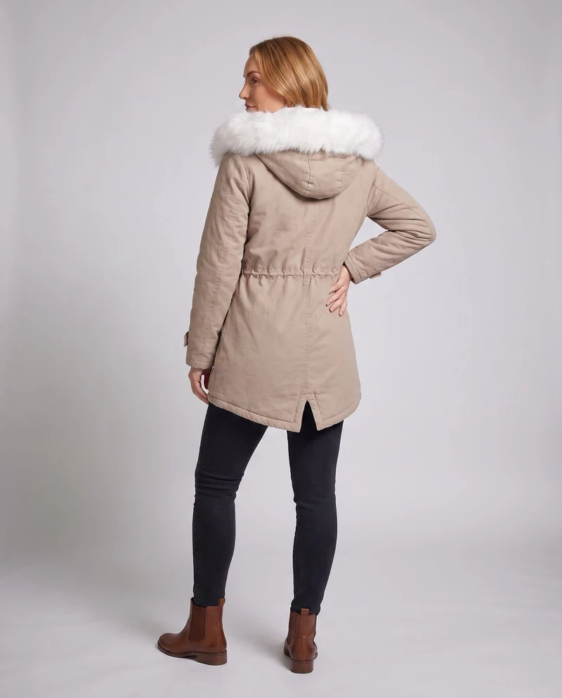 Damen Parka Mantel mit übergroßem Kunstfellkapuze und gepolstertem Teddyfutter