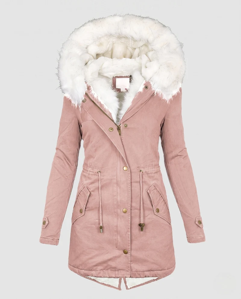 Damen Parka Mantel mit übergroßem Kunstfellkapuze und gepolstertem Teddyfutter