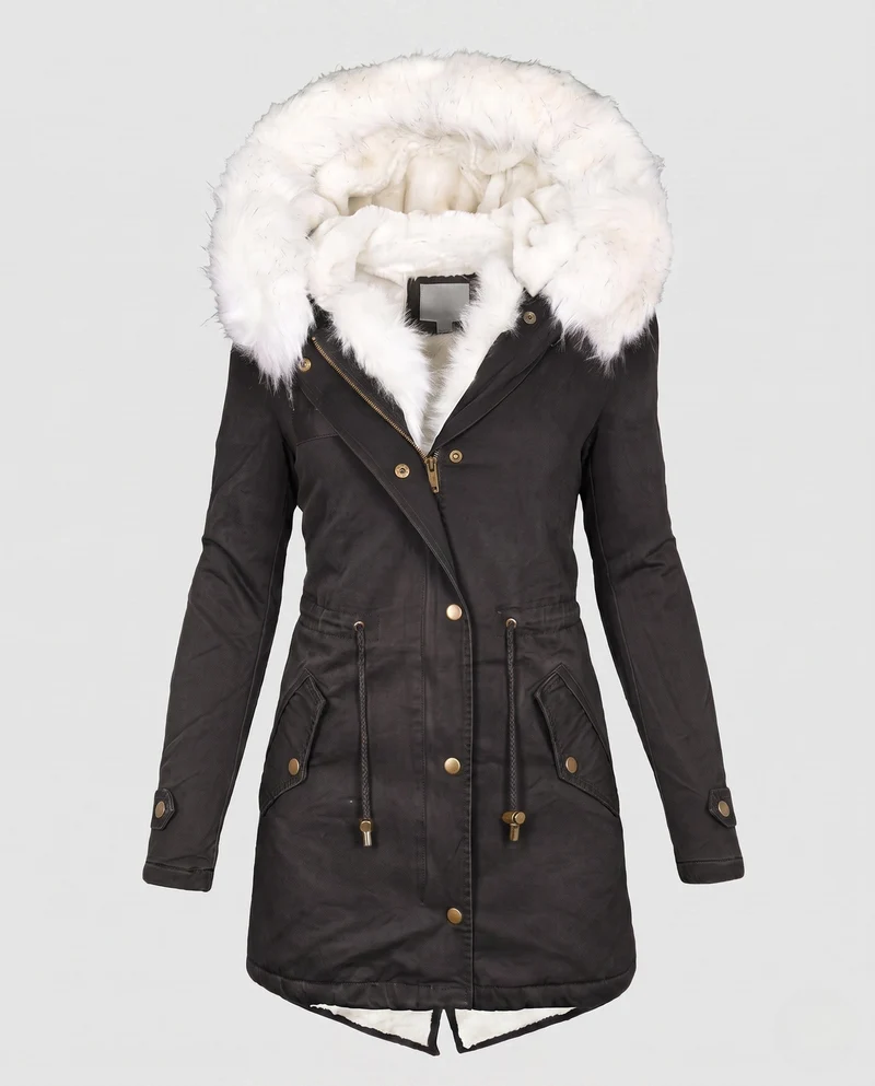 Damen Parka Mantel mit übergroßem Kunstfellkapuze und gepolstertem Teddyfutter