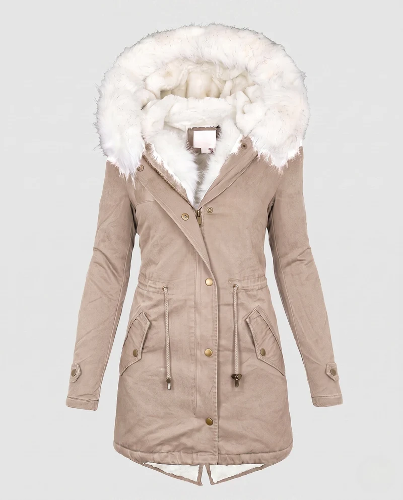 Damen Parka Mantel mit übergroßem Kunstfellkapuze und gepolstertem Teddyfutter