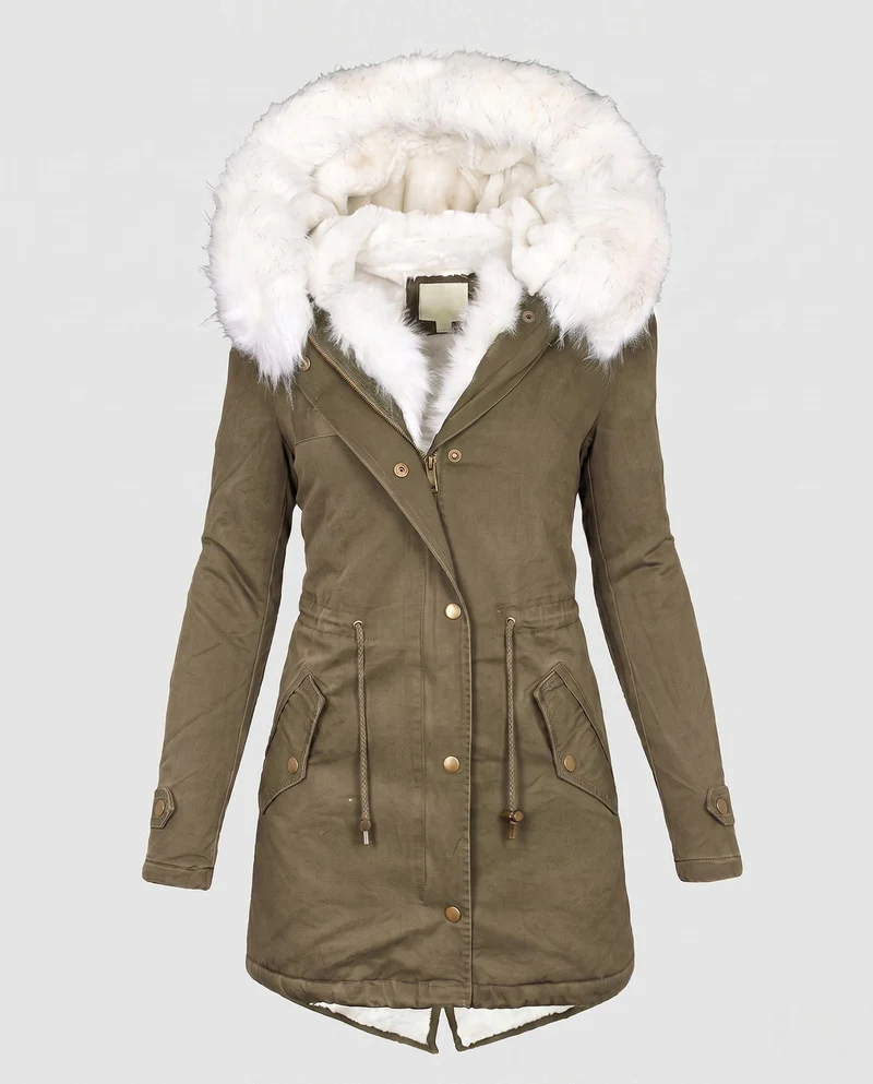 Damen Parka Mantel mit übergroßem Kunstfellkapuze und gepolstertem Teddyfutter