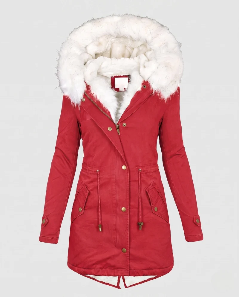 Damen Parka Mantel mit übergroßem Kunstfellkapuze und gepolstertem Teddyfutter