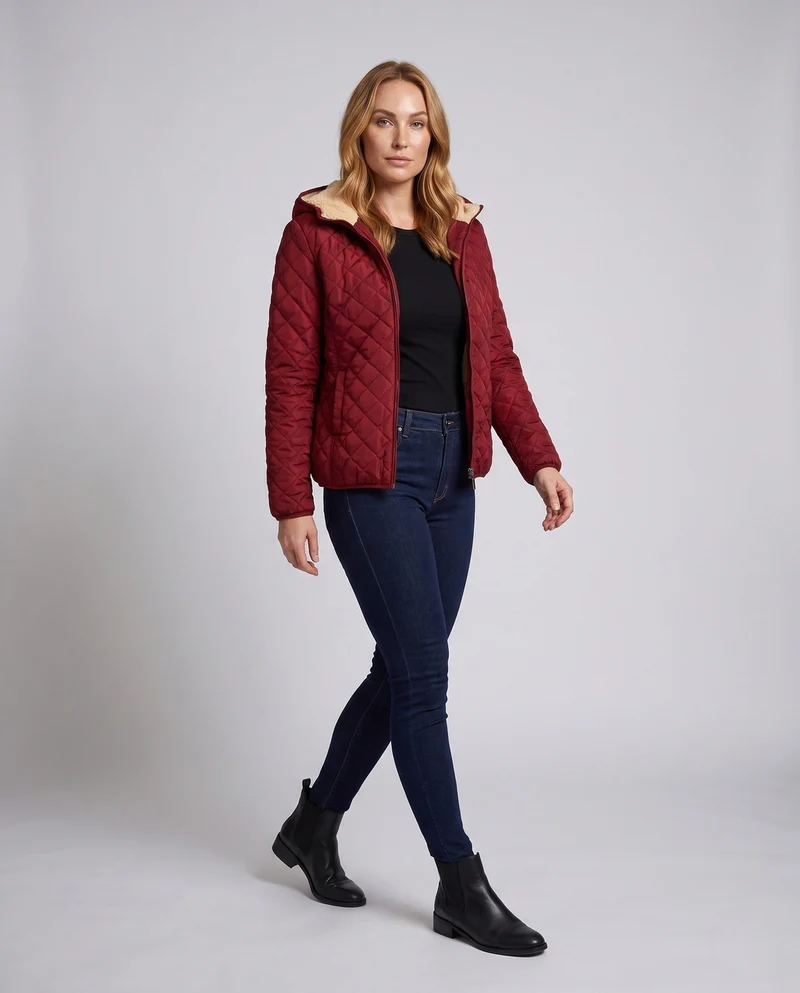 Damen gesteppte Jacke mit Kapuze und Teddyfutter leichte gesteppte Winterjacke mit Reißverschluss