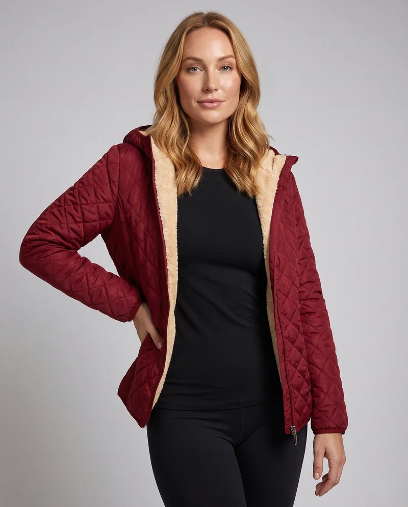 Damen gesteppte Jacke mit Kapuze und Teddyfutter leichte gesteppte Winterjacke mit Reißverschluss