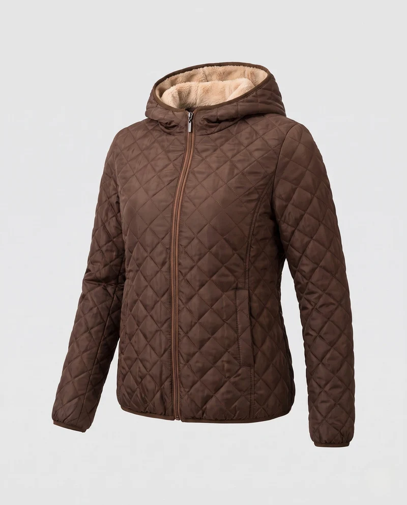 Damen gesteppte Jacke mit Kapuze und Teddyfutter leichte gesteppte Winterjacke mit Reißverschluss