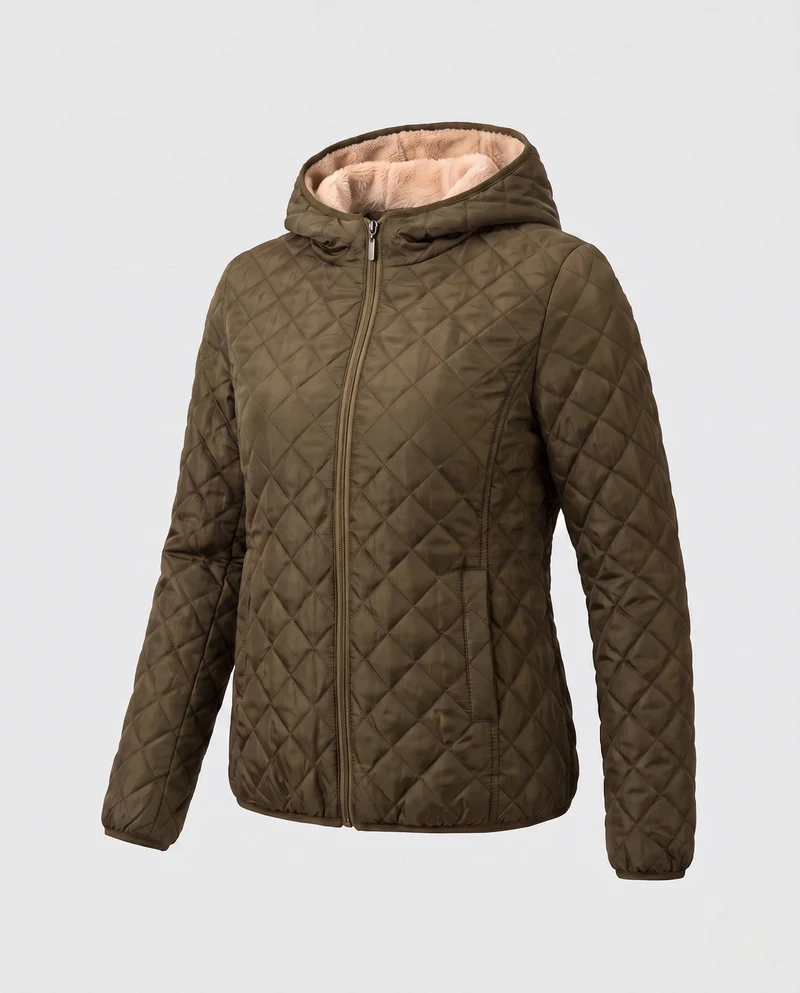 Damen gesteppte Jacke mit Kapuze und Teddyfutter leichte gesteppte Winterjacke mit Reißverschluss