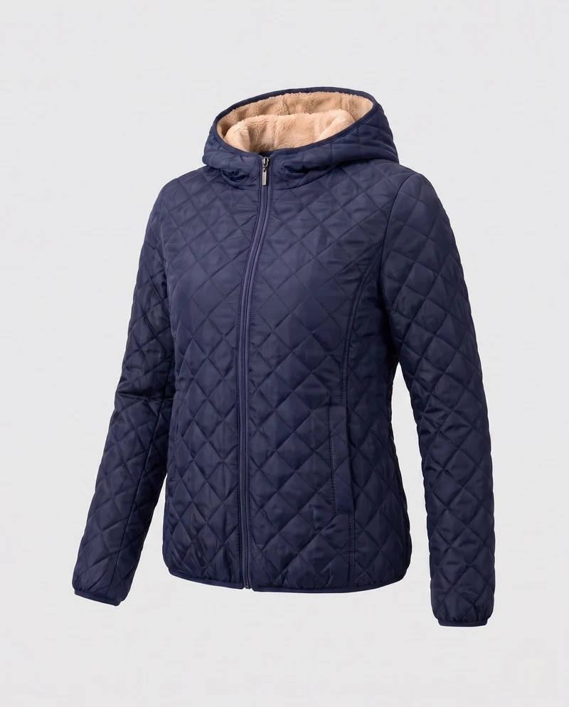 Damen gesteppte Jacke mit Kapuze und Teddyfutter leichte gesteppte Winterjacke mit Reißverschluss