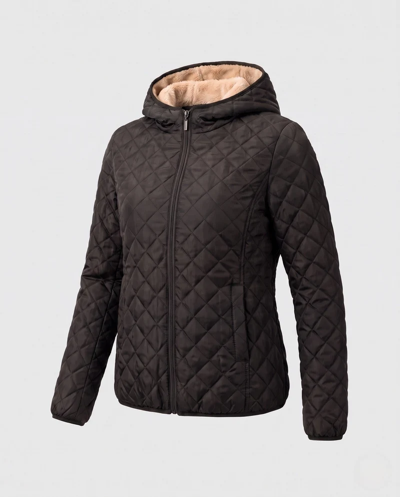 Damen gesteppte Jacke mit Kapuze und Teddyfutter leichte gesteppte Winterjacke mit Reißverschluss