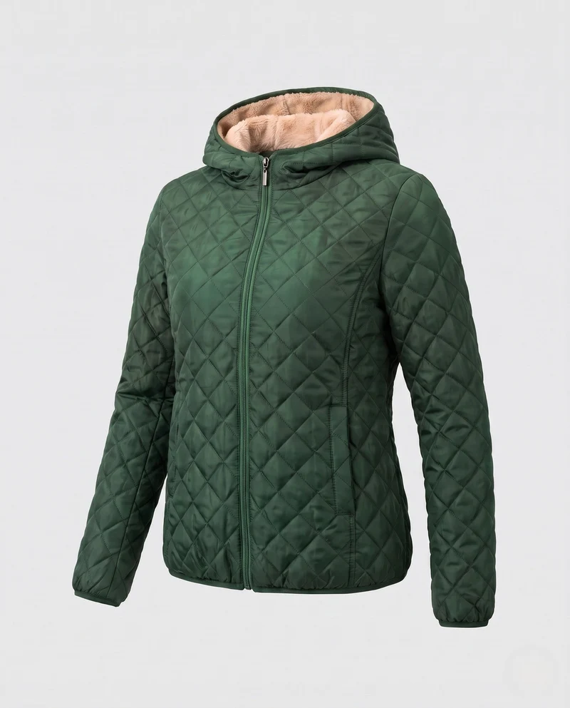 Damen gesteppte Jacke mit Kapuze und Teddyfutter leichte gesteppte Winterjacke mit Reißverschluss