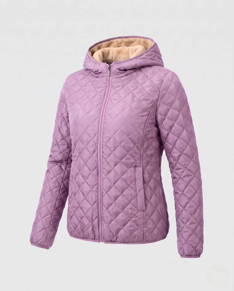 Damen gesteppte Jacke mit Kapuze und Teddyfutter leichte gesteppte Winterjacke mit Reißverschluss