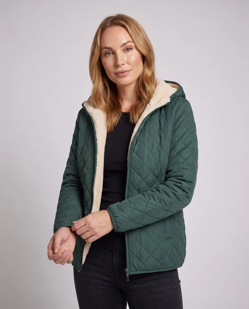 Damen gepolsterte Jacke mit Kapuze und Teddy-Futter Leichte isolierte Übergangsjacke