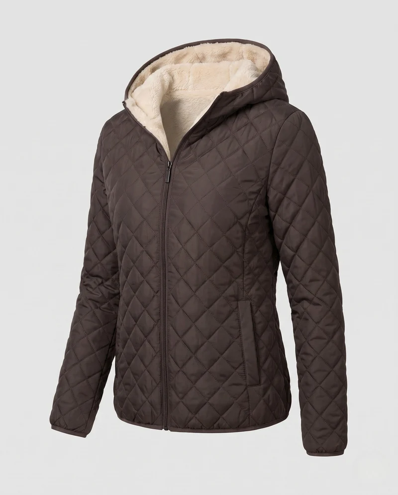 Damen gepolsterte Jacke mit Kapuze und Teddy-Futter Leichte isolierte Übergangsjacke