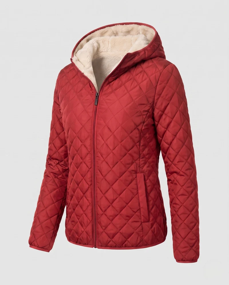 Damen gepolsterte Jacke mit Kapuze und Teddy-Futter Leichte isolierte Übergangsjacke