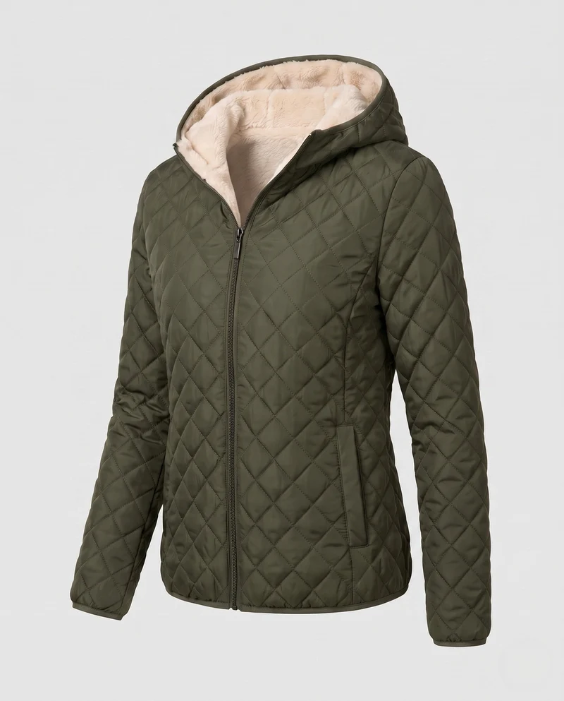 Damen gepolsterte Jacke mit Kapuze und Teddy-Futter Leichte isolierte Übergangsjacke