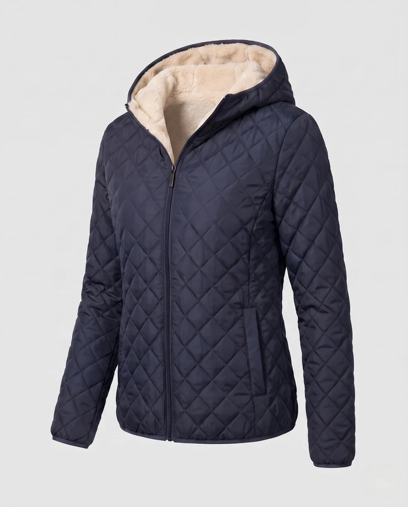 Damen gepolsterte Jacke mit Kapuze und Teddy-Futter Leichte isolierte Übergangsjacke