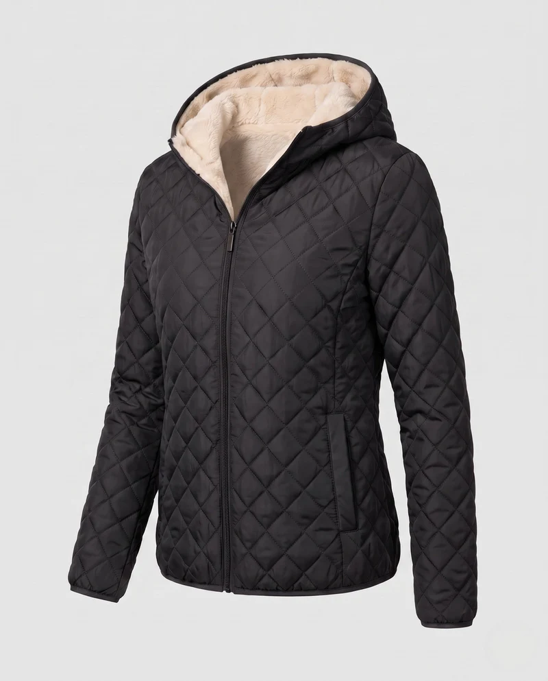 Damen gepolsterte Jacke mit Kapuze und Teddy-Futter Leichte isolierte Übergangsjacke