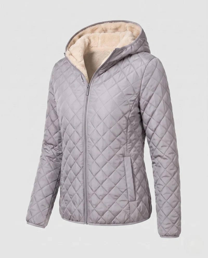 Damen gepolsterte Jacke mit Kapuze und Teddy-Futter Leichte isolierte Übergangsjacke
