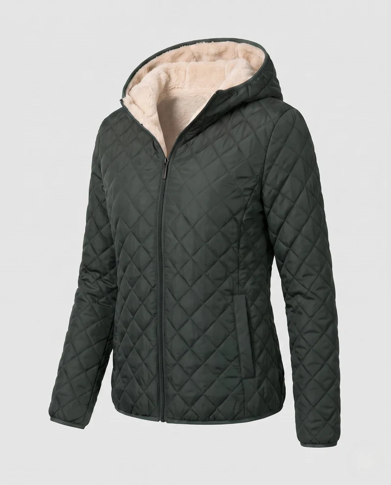 Damen gepolsterte Jacke mit Kapuze und Teddy-Futter Leichte isolierte Übergangsjacke