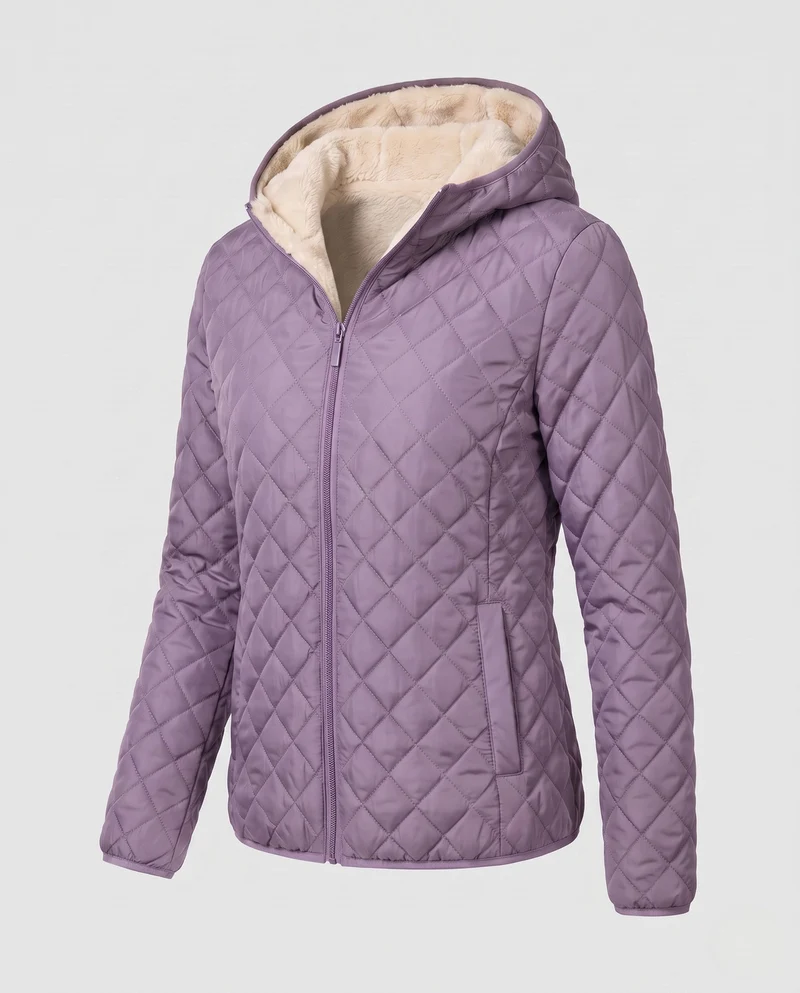 Damen gepolsterte Jacke mit Kapuze und Teddy-Futter Leichte isolierte Übergangsjacke