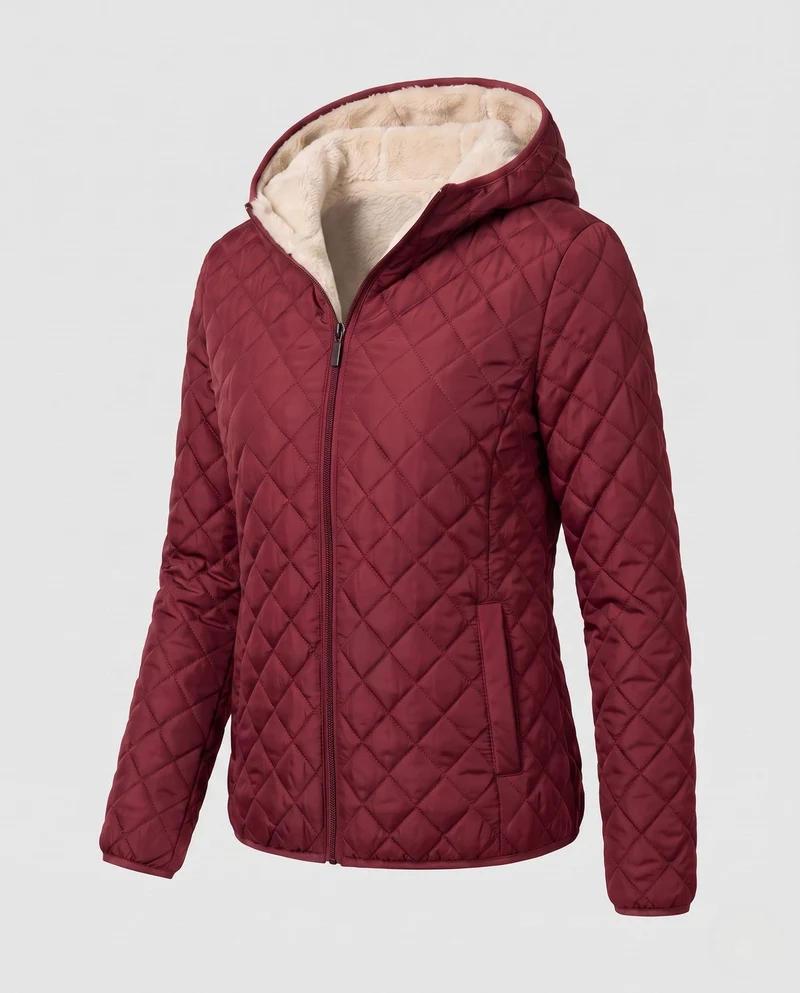 Damen gepolsterte Jacke mit Kapuze und Teddy-Futter Leichte isolierte Übergangsjacke