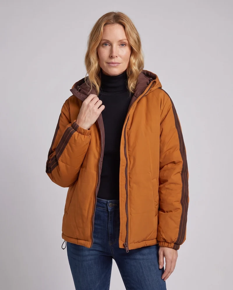 Damen städtische gesteppte Parka mit hohem Stehkragen, Kapuze und sportlichen Streifen