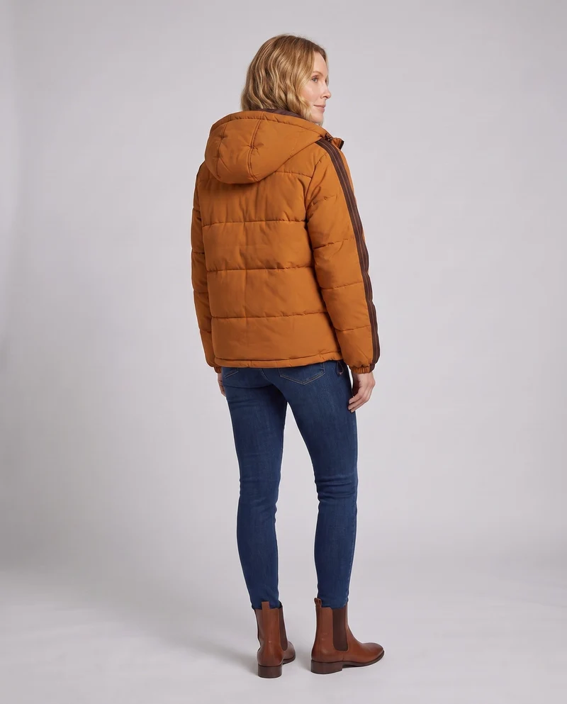 Damen städtische gesteppte Parka mit hohem Stehkragen, Kapuze und sportlichen Streifen