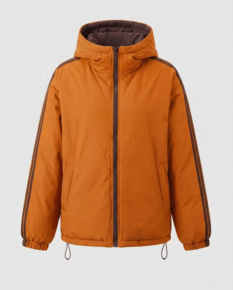 Damen städtische gesteppte Parka mit hohem Stehkragen, Kapuze und sportlichen Streifen